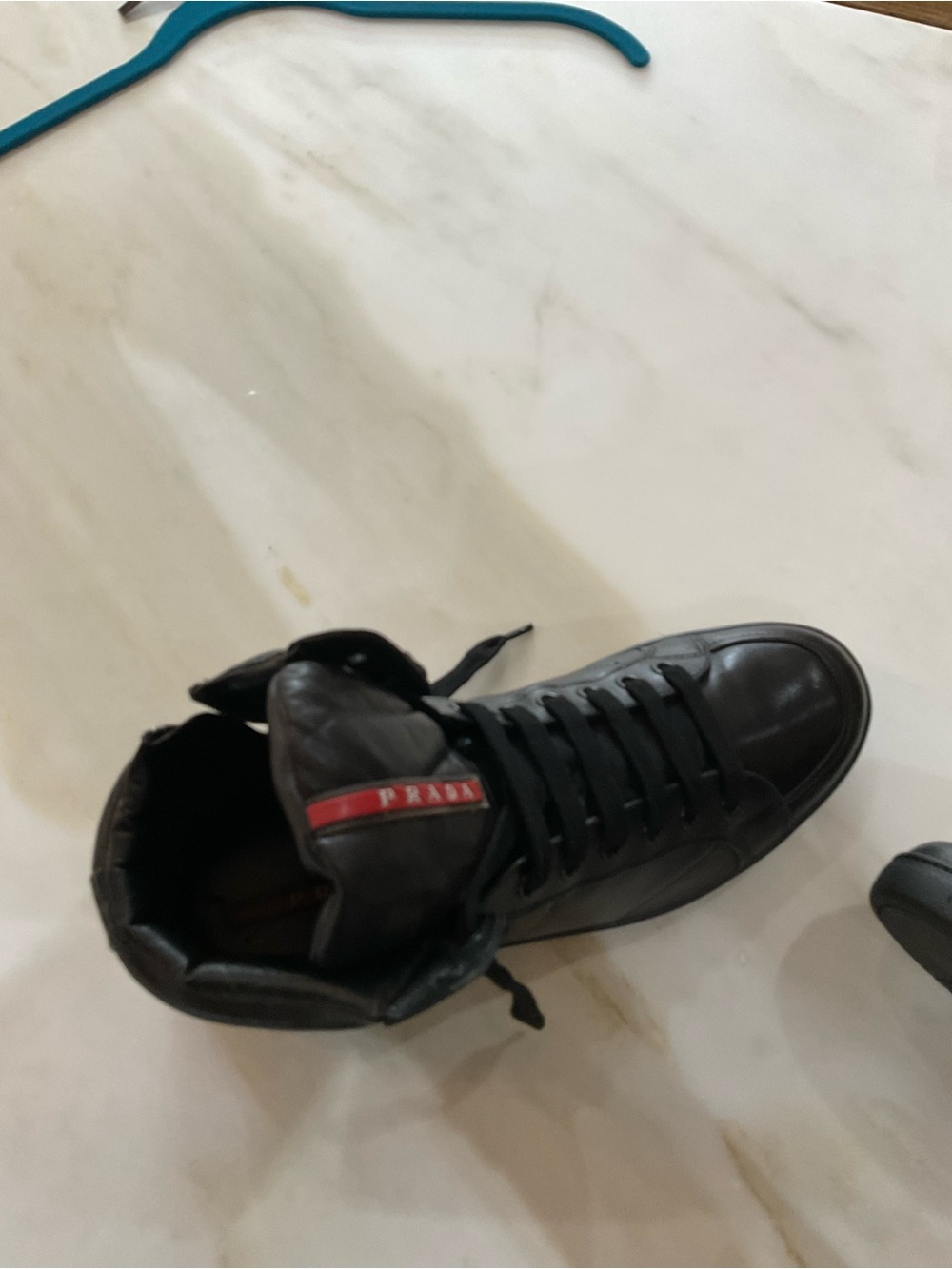 Prada Black High-Top Leather Sneakers with Red Logo Tape - Picture 6 of 8